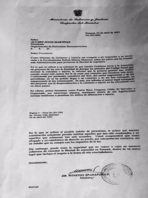 Carta Ministro de Gobierno y justicia de Panama