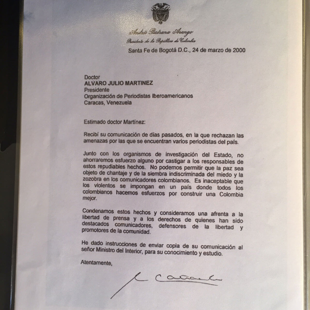 Carta de Andres Pastrana