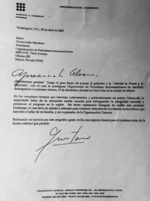 Carta de Gustavo Cisneros